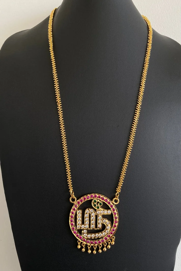 Gold tone AD Pink Green White Tamil Sree Pendant – 24 inches